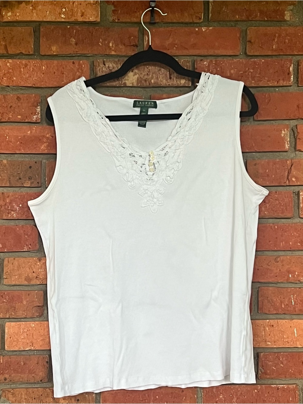 Ralph Lauren White Sleeveless Lace-Trim V-Neck Tank
